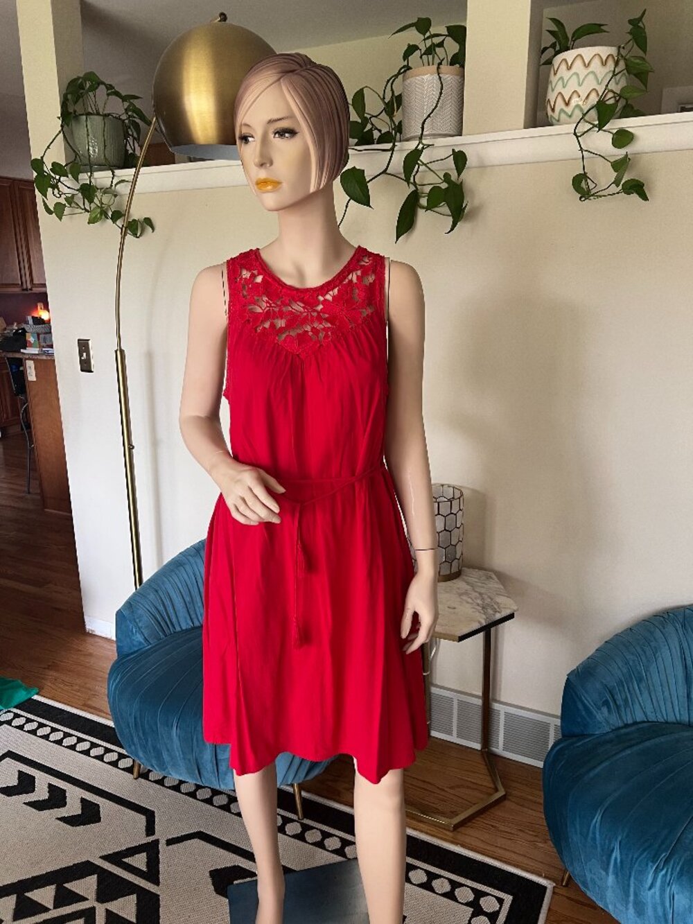 Knox Rose Boho Crochet Lace Sleeveless Sundress Red Medium